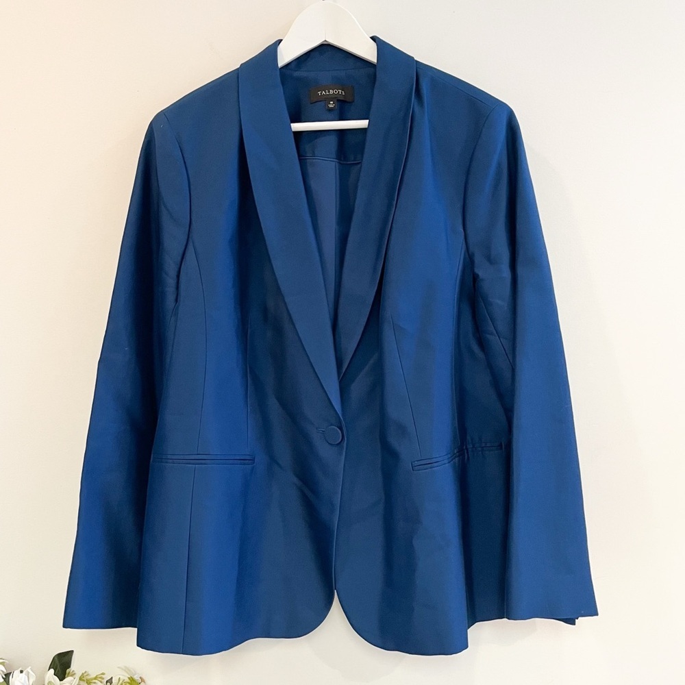 Talbots Blue Silk Blend Shawl Collar Single Button Blazer Jacket Size 18